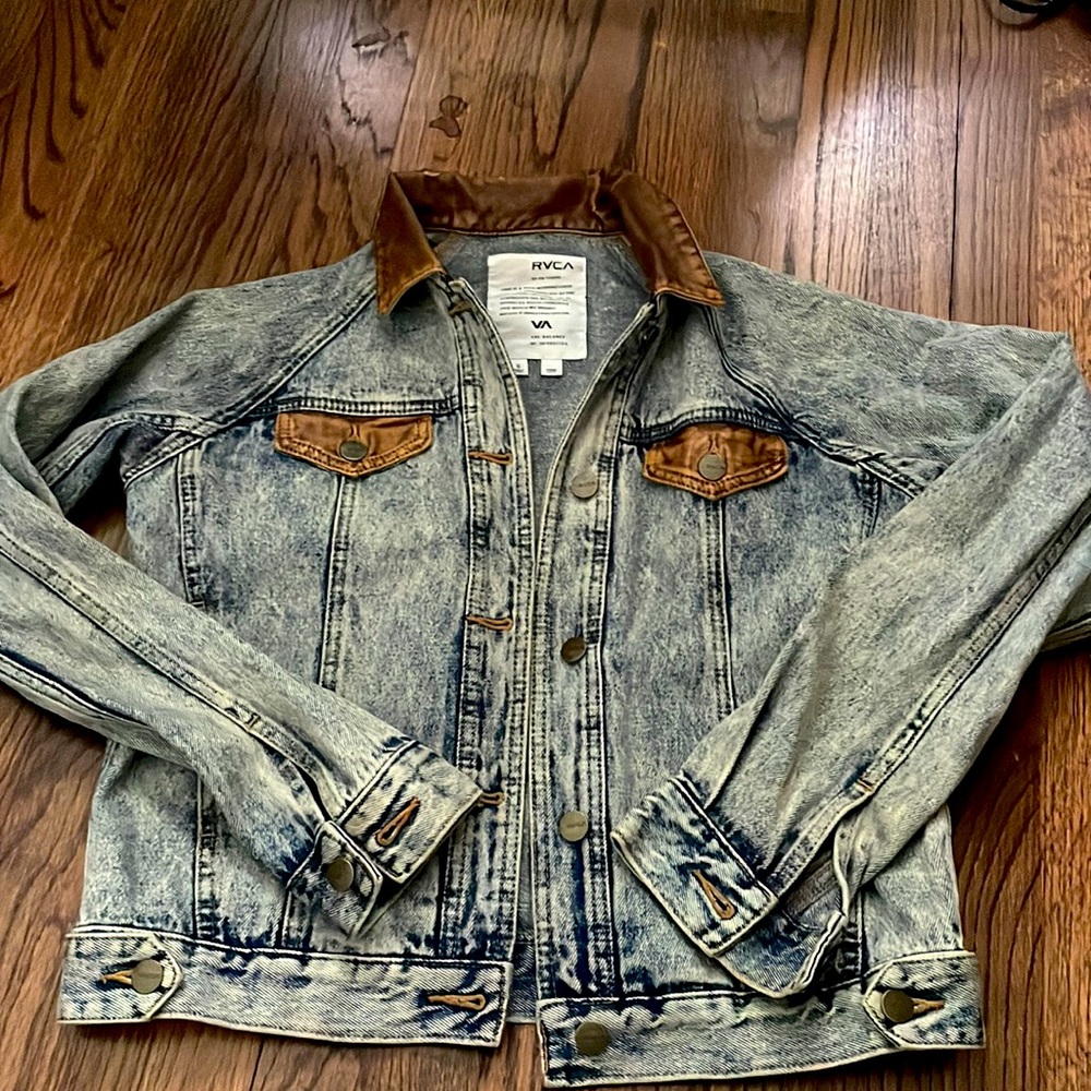 Acid washed denim jacket with faux leather detailing